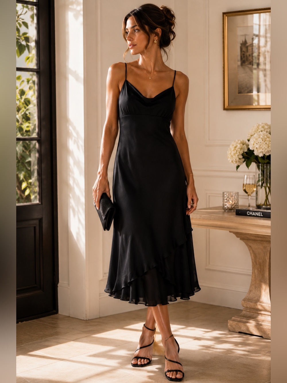 Ann Taylor Black Midi Slip Dress with Ruffled Hem